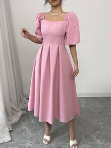 Rafferiza Vestido de mujer versátil con cuello cuadrado, mangas abullonadas, plisado y fruncido, color rosa, para primavera/verano - Rosa - Ver 5