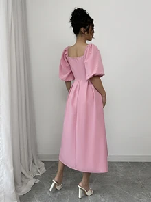 Rafferiza Vestido de mujer versátil con cuello cuadrado, mangas abullonadas, plisado y fruncido, color rosa, para primavera/verano - Rosa - Ver 2