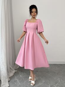 Rafferiza Vestido de mujer versátil con cuello cuadrado, mangas abullonadas, plisado y fruncido, color rosa, para primavera/verano - Rosa - Ver 6