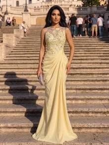 Elitara Elegant Luxurious Yellow Ribbon Beaded Sequin Lace Patchwork Satin Ruched Slit Back Tie Mermaid Dress For Wedding, Party, Bachelorette, Vacation, Prom, Evening Gala - Pale Yellow - View 5