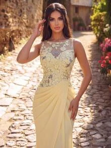 Elitara Elegant Luxurious Yellow Ribbon Beaded Sequin Lace Patchwork Satin Ruched Slit Back Tie Mermaid Dress For Wedding, Party, Bachelorette, Vacation, Prom, Evening Gala - Pale Yellow - View 1