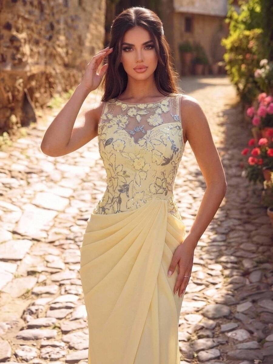 Elitara Elegant Luxurious Yellow Ribbon Beaded Sequin Lace Patchwork Satin Ruched Slit Back Tie Mermaid Dress For Wedding, Party, Bachelorette, Vacation, Prom, Evening Gala - Pale Yellow - View 1