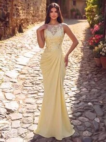 Elitara Elegant Luxurious Yellow Ribbon Beaded Sequin Lace Patchwork Satin Ruched Slit Back Tie Mermaid Dress For Wedding, Party, Bachelorette, Vacation, Prom, Evening Gala - Pale Yellow - View 6