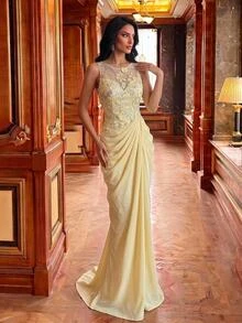 Elitara Elegant Luxurious Yellow Ribbon Beaded Sequin Lace Patchwork Satin Ruched Slit Back Tie Mermaid Dress For Wedding, Party, Bachelorette, Vacation, Prom, Evening Gala - Pale Yellow - View 7