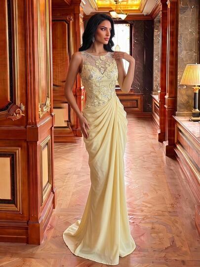Glamrae Elegante y lujoso vestido de sirena con cinta amarilla, cuentas, lentejuelas, encaje, patchwork de satén, fruncido, abertura y lazo en la espalda para boda, fiesta, despedida de soltera, vacaciones, baile de graduación, gala nocturna