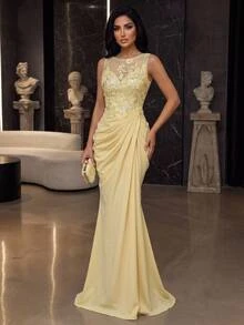 Elitara Elegant Luxurious Yellow Ribbon Beaded Sequin Lace Patchwork Satin Ruched Slit Back Tie Mermaid Dress For Wedding, Party, Bachelorette, Vacation, Prom, Evening Gala - Pale Yellow - View 8