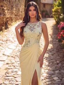 Elitara Elegant Luxurious Yellow Ribbon Beaded Sequin Lace Patchwork Satin Ruched Slit Back Tie Mermaid Dress For Wedding, Party, Bachelorette, Vacation, Prom, Evening Gala - Pale Yellow - View 4