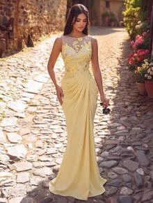 Elitara Elegant Luxurious Yellow Ribbon Beaded Sequin Lace Patchwork Satin Ruched Slit Back Tie Mermaid Dress For Wedding, Party, Bachelorette, Vacation, Prom, Evening Gala - Pale Yellow - View 2