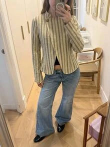 Aloruh 女款秋冬新款立領卡其色金屬鈕扣條紋夾克襯衫，外出穿搭 - 卡其色 - 查看 1