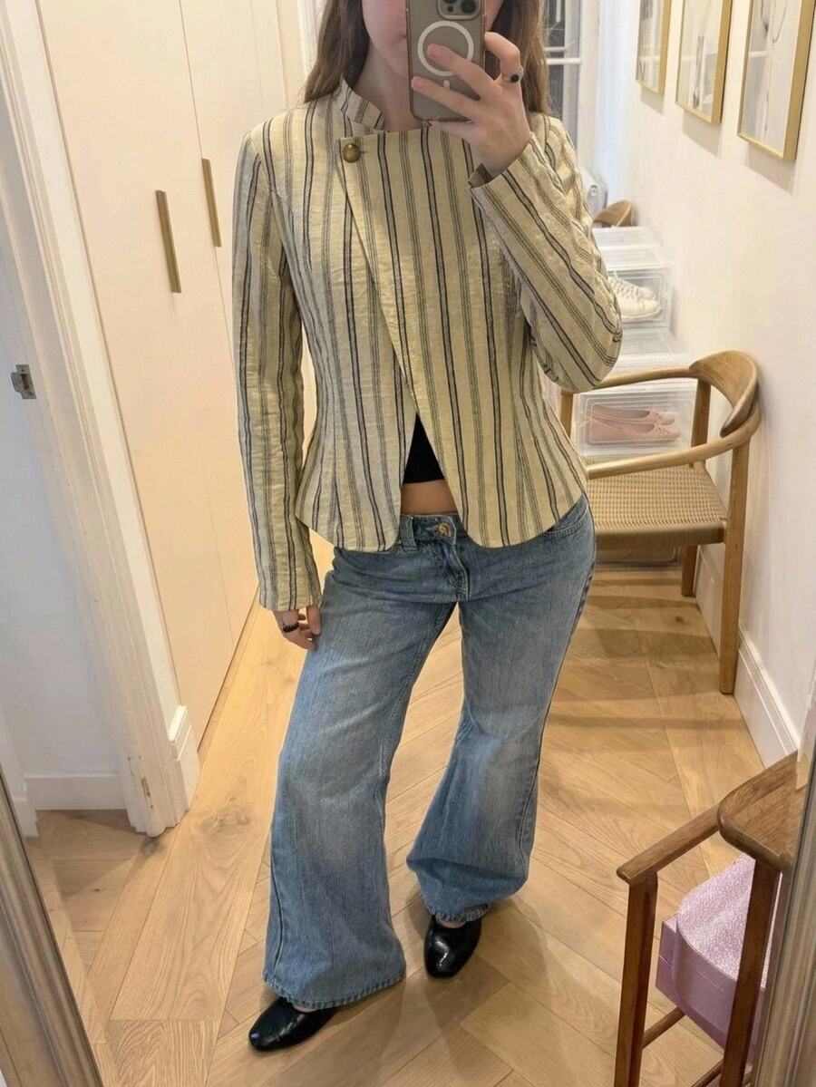 Aloruh 女款秋冬新款立領卡其色金屬鈕扣條紋夾克襯衫,外出穿搭 - 卡其色 - 查看 1