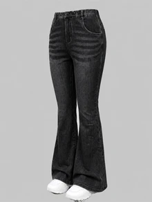 SHEIN Kids Tween Girl Pocket Button Bow Embroidery Pattern Casual Versatile Daily Wear Denim Effect Knit Flare Pants, Comfortable, 4pcs Pack Send 1 Pack - Black - View 3