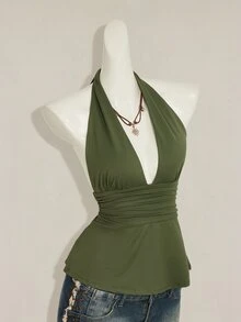 SHEIN ICON 萬聖節女款掛脖露背黑色娃娃裝背心上衣 - 軍綠色 - 查看 7