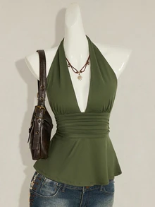 SHEIN ICON 萬聖節女款掛脖露背黑色娃娃裝背心上衣 - 軍綠色 - 查看 4
