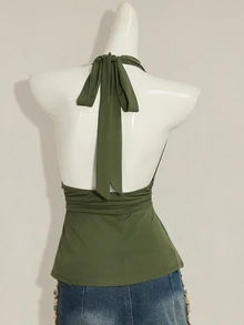 SHEIN ICON 萬聖節女款掛脖露背黑色娃娃裝背心上衣 - 軍綠色 - 查看 2