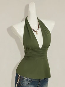 SHEIN ICON 萬聖節女款掛脖露背黑色娃娃裝背心上衣 - 軍綠色 - 查看 6