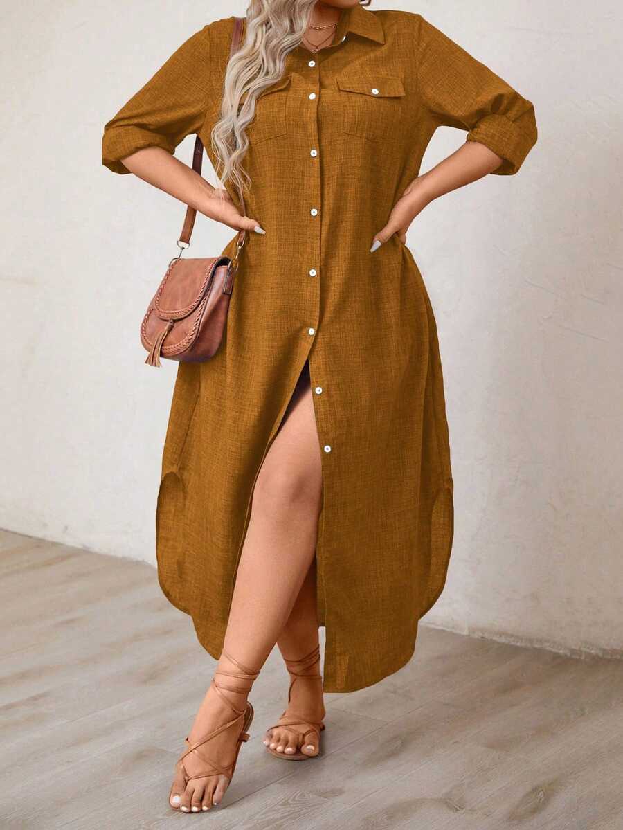 Linhara CURVE Plus Size Casual Front Button Long Shirt Dress Maxi Women Outfit - Orange - View 1