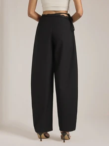 SHEIN Tall Tall Women's Black Lace-Panel Curved-Leg Trousers - Black - View 2