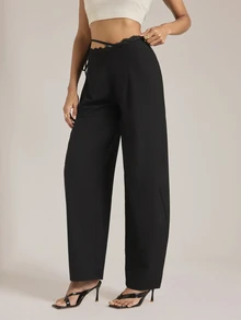 SHEIN Tall Tall Women's Black Lace-Panel Curved-Leg Trousers - Black - View 3