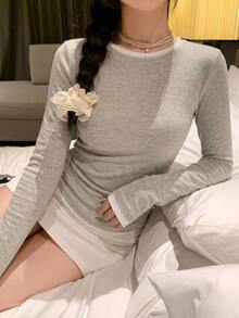 DAZY Women's Patchwork Contrast Color 2 In 1 Layered Crew Neck Long Sleeve Casual Street Vacation Spring Autumn Base Layer T-Shirt School - Apricot - View 8