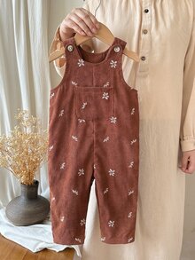 SHEIN 2件組幼女吊帶褲套裝，可愛甜美棕色燈芯絨花朵刺繡口袋長袖圓領加厚款，派對秋季假期經典款 - 棕色 - 查看 3