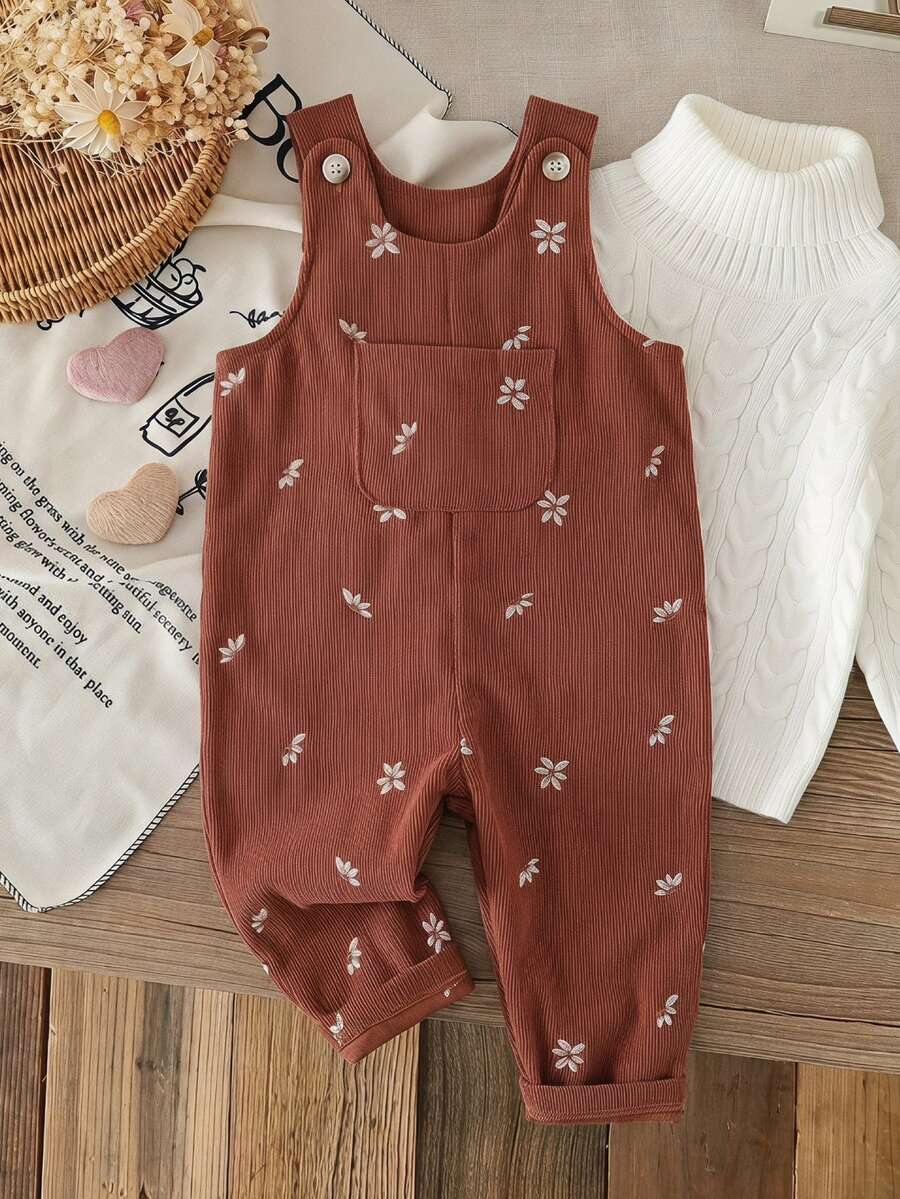 SHEIN 2件組幼女吊帶褲套裝,可愛甜美棕色燈芯絨花朵刺繡口袋長袖圓領加厚款,派對秋季假期經典款 - 棕色 - 查看 1