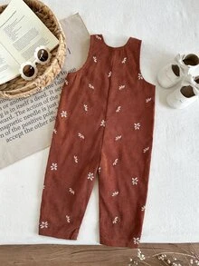 SHEIN 2件組幼女吊帶褲套裝，可愛甜美棕色燈芯絨花朵刺繡口袋長袖圓領加厚款，派對秋季假期經典款 - 棕色 - 查看 2