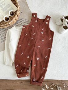 SHEIN 2件組幼女吊帶褲套裝，可愛甜美棕色燈芯絨花朵刺繡口袋長袖圓領加厚款，派對秋季假期經典款 - 棕色 - 查看 8