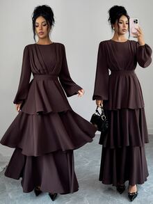 Elenzga 1 buah Gaun Lengan Lentera dengan Hem Berlapis - Coklat - View 3
