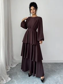 Elenzga 1 buah Gaun Lengan Lentera dengan Hem Berlapis - Coklat - View 8