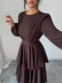 Elenzga 1 buah Gaun Lengan Lentera dengan Hem Berlapis - Coklat - View 5