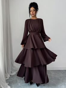 Elenzga 1 buah Gaun Lengan Lentera dengan Hem Berlapis - Coklat - View 7