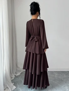 Elenzga 1 buah Gaun Lengan Lentera dengan Hem Berlapis - Coklat - View 2