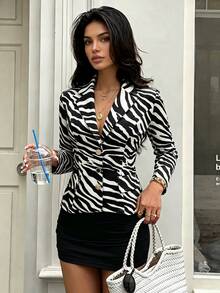SHEIN Raffinéa جاكيت كارديجان بليزر بطبعة زيبرا للنساء للخريف/الشتاء، ملابس عصرية متعددة الاستخدامات للتنقل والشارع والملابس المهنية للمكتب - الأسود - مشاهدة 7