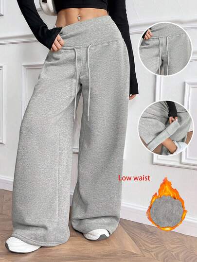 SHEIN Women's Grey Knit Fleece Drawstring Waist Loose Sweatpants,Gray,Winter,Casual,Lounge Fall Cloth,Back To School Outfits,Teacher Graduation Outfits