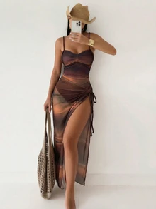SHEIN Swim 女士性感渐变数码印花连体泳衣，配编织肩带和渐变网纱裙，高级泳装套装，适合海滩度假，春夏秋季皆宜。 - 棕色 - 查看 2