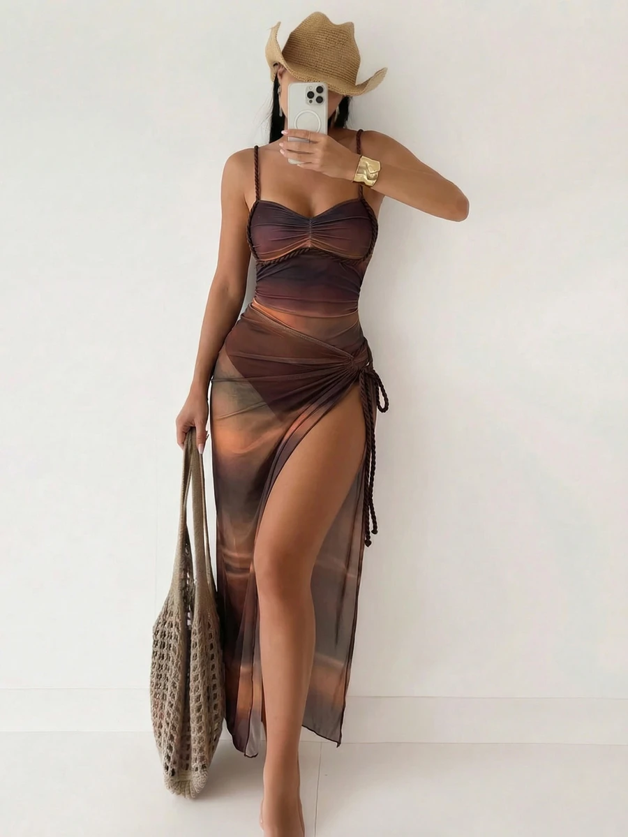 SHEIN Swim 女士性感渐变数码印花连体泳衣，配编织肩带和渐变网纱裙，高级泳装套装，适合海滩度假，春夏秋季皆宜。