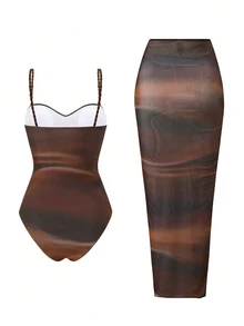 SHEIN Swim 女士性感渐变数码印花连体泳衣，配编织肩带和渐变网纱裙，高级泳装套装，适合海滩度假，春夏秋季皆宜。 - 棕色 - 查看 7