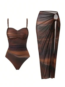 SHEIN Swim 女士性感渐变数码印花连体泳衣，配编织肩带和渐变网纱裙，高级泳装套装，适合海滩度假，春夏秋季皆宜。 - 棕色 - 查看 6