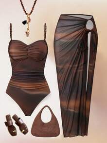 SHEIN Swim 女士性感渐变数码印花连体泳衣，配编织肩带和渐变网纱裙，高级泳装套装，适合海滩度假，春夏秋季皆宜。 - 棕色 - 查看 3