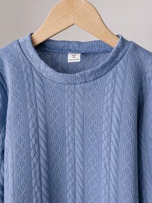 SHEIN 2 件套年轻男孩西装，提花圆领长袖运动衫和休闲裤，带腰带装饰，时尚百搭，适合生日派对、典礼、婚礼、洗礼、返校、运动季、万圣节、圣诞节 - 霧霾藍 - 查看 4