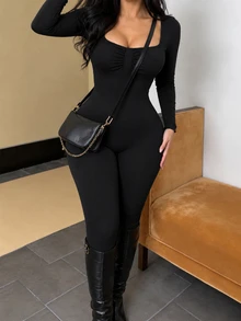 Selianne Women's Black Solid Color Long Sleeve Bodysuit, Wide Neck Ruched High-Stretch Yoga Jumpsuit, Base Layer For Workout Going Out Night Out Autumn Bandage - Black - View 6