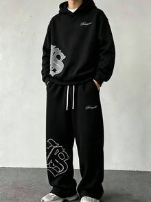 青少年男孩黑色連帽衛衣與寬腿運動褲套裝，圖案長袖上衣，秋冬街頭風運動服，萬聖節派對裝扮聖誕節 - 黑色 - 查看 3