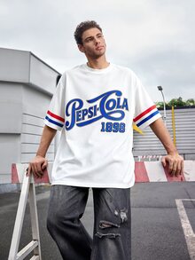 PEPSI X SHEIN Manfinity Dauomo Men's Summer Casual Letter Print Drop Shoulder T-Shirt - White - View 3