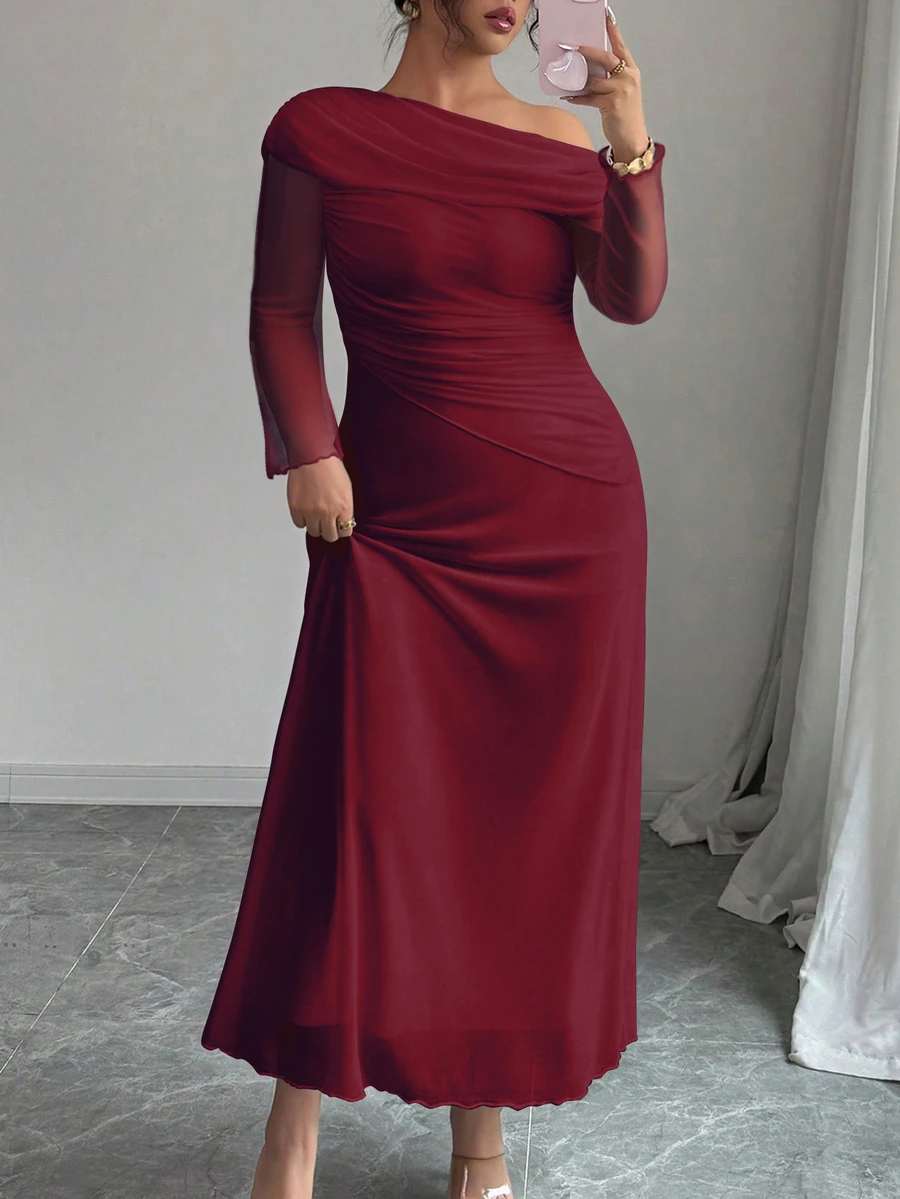 Modelyn Plus Size Women Elegant French Style Ruched Shoulder Mesh Patchwork Flounce Hem Long Sleeve Burgundy,Autumn,Elegant,Formal Wine Red Dress