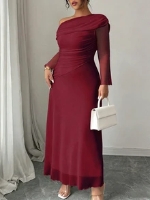 Modelyn Plus Size Women Elegant French Style Ruched Shoulder Mesh Patchwork Flounce Hem Long Sleeve Burgundy,Autumn,Elegant,Formal Wine Red Dress - Burgundy - View 6