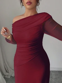 Modelyn Plus Size Women Elegant French Style Ruched Shoulder Mesh Patchwork Flounce Hem Long Sleeve Burgundy,Autumn,Elegant,Formal Wine Red Dress - Burgundy - View 5