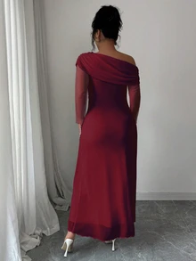 Modelyn Plus Size Women Elegant French Style Ruched Shoulder Mesh Patchwork Flounce Hem Long Sleeve Burgundy,Autumn,Elegant,Formal Wine Red Dress - Burgundy - View 3