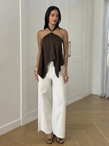 Aloruh 女款優雅性感掛脖上衣，金屬扣飾裝飾，橄欖棕色，適合日常通勤、海邊外出、派對度假，秋季穿搭 - 棕色 - 查看 6