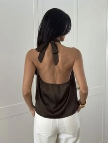 Aloruh 女款優雅性感掛脖上衣，金屬扣飾裝飾，橄欖棕色，適合日常通勤、海邊外出、派對度假，秋季穿搭 - 棕色 - 查看 7
