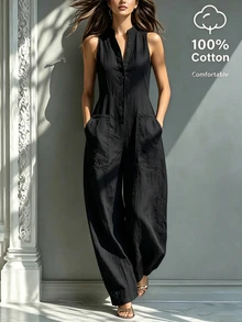 Everyssa Fashionable Commuter Solid Color Button Half-Placket Sleeveless Jumpsuit - Black - View 6